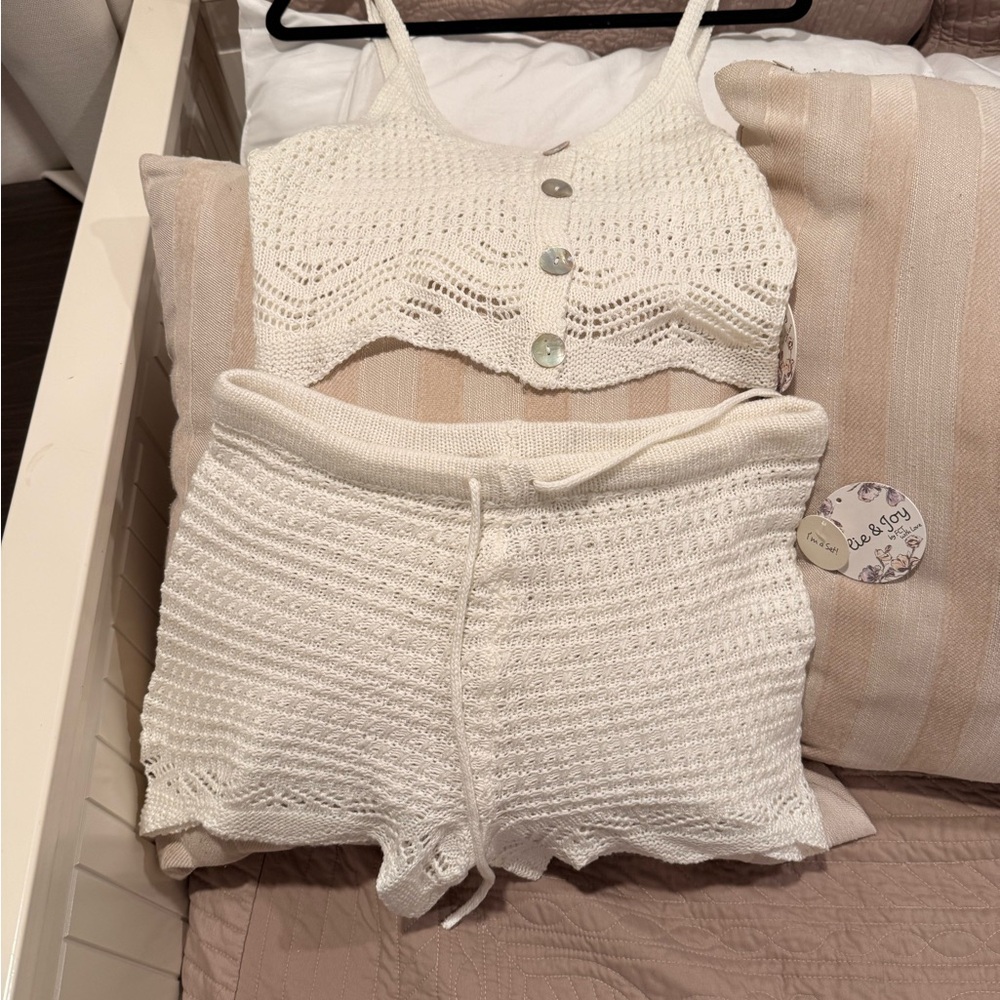 White Crochet Two-Piece Lounge Set - Tank Top + Shorts
